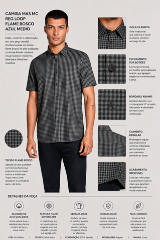 CAMISA MAS MC REG XADREZ FLAME ARAMIS AZUL MEDIO/PRETO