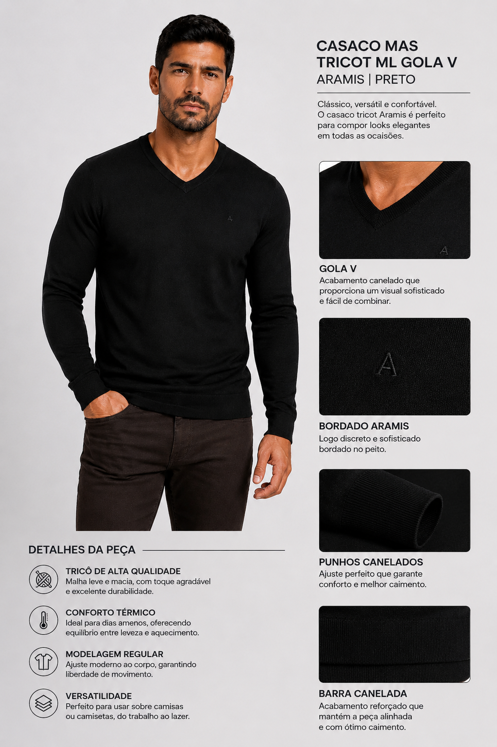 CASACO MAS TRICOT ML GOLA V ARAMIS PRETO