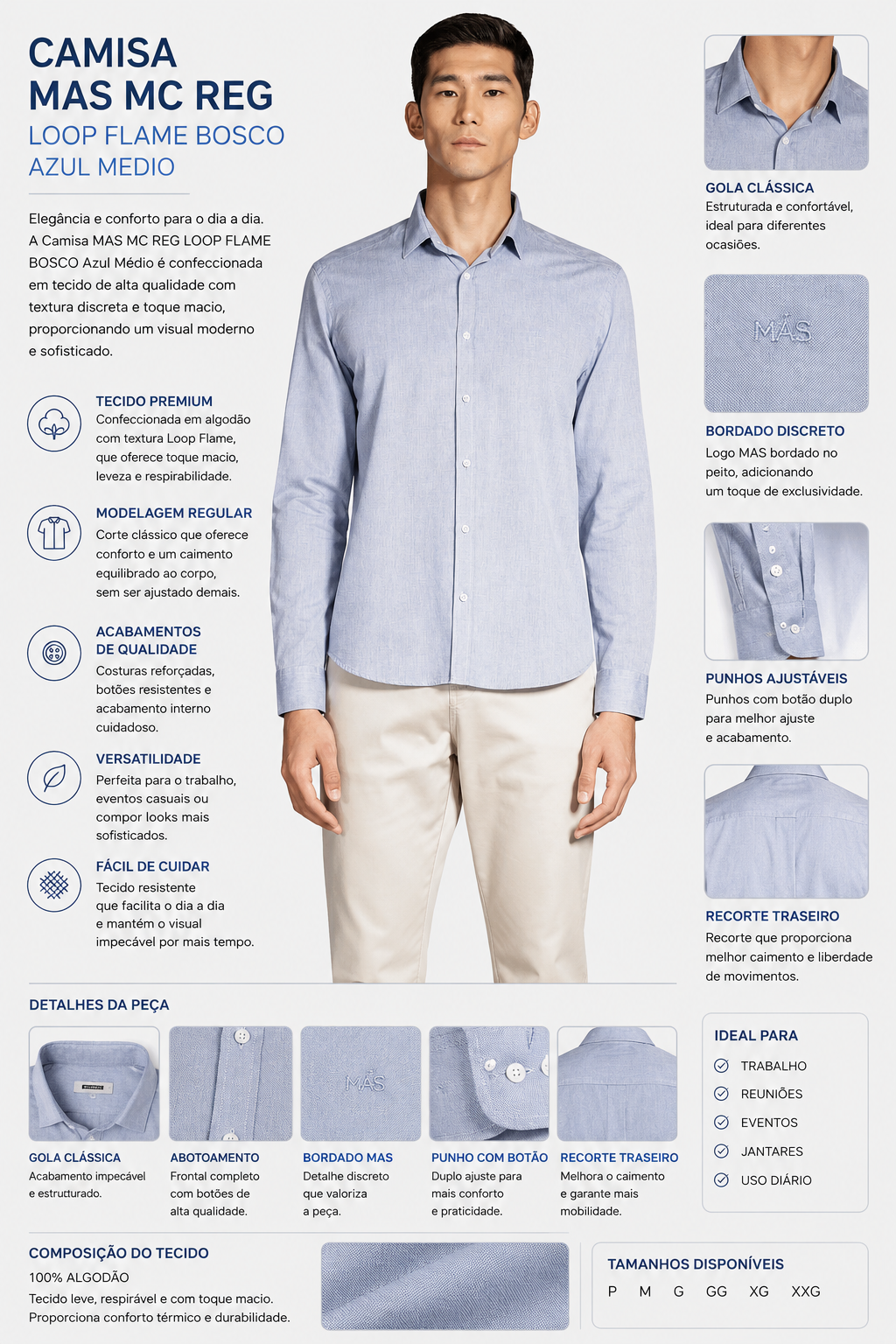 CAMISA MAS ML SL ALGODAO WILLIS ARAMIS AZUL