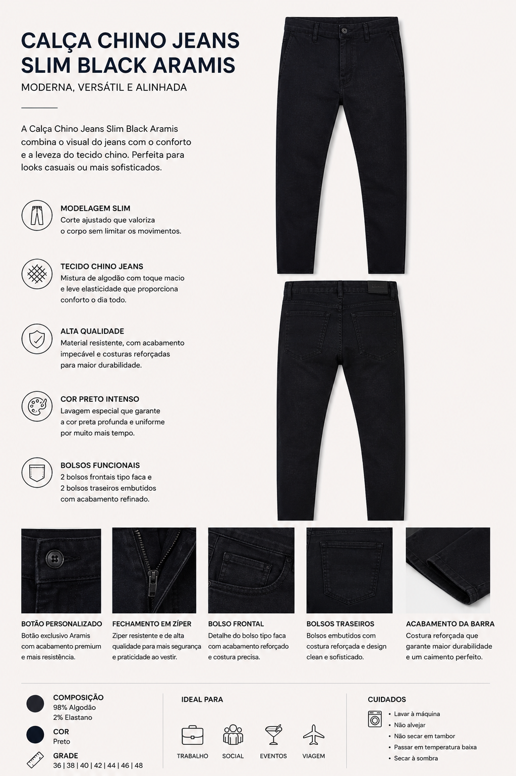 CALCA MAS CHINO JEANS SLIM BLACK ARAMIS PRETO