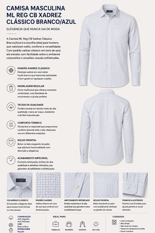 CAMISA MAS ML REG CB XADREZ CLASSICO BRANCO/AZUL