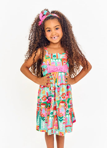 VESTIDO MEU MUNDINHO ALPHABETO VERDE/ROSA