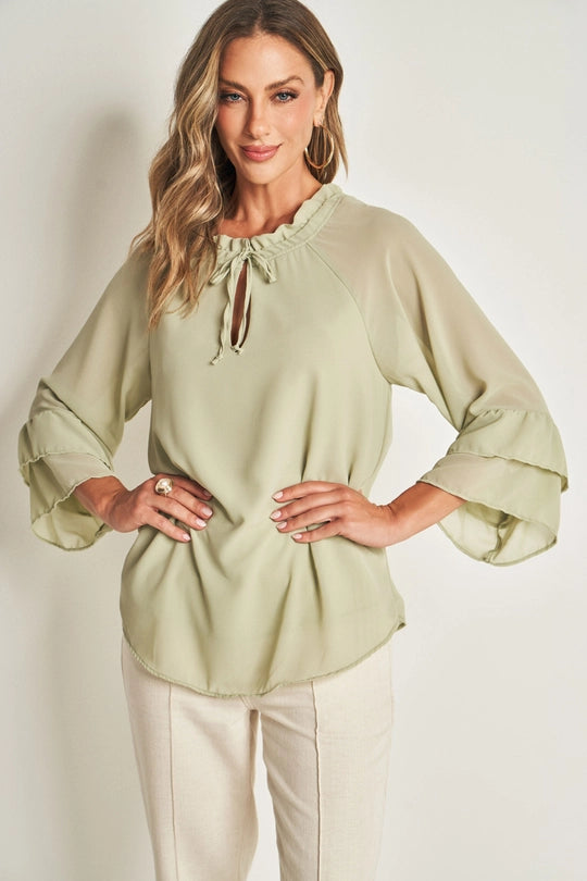 BLUSA FEM MANGA 7/8 PLANO CHIFFON SOFT VERDE CHA