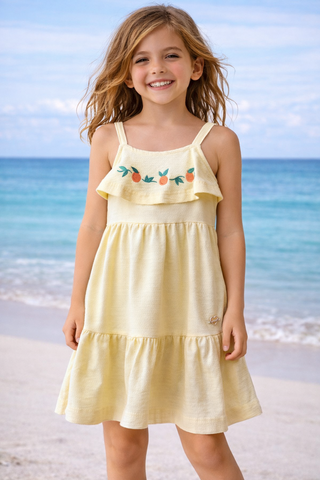 VESTIDO MALHA FLORENCE LARANJAS BORD AMARELO