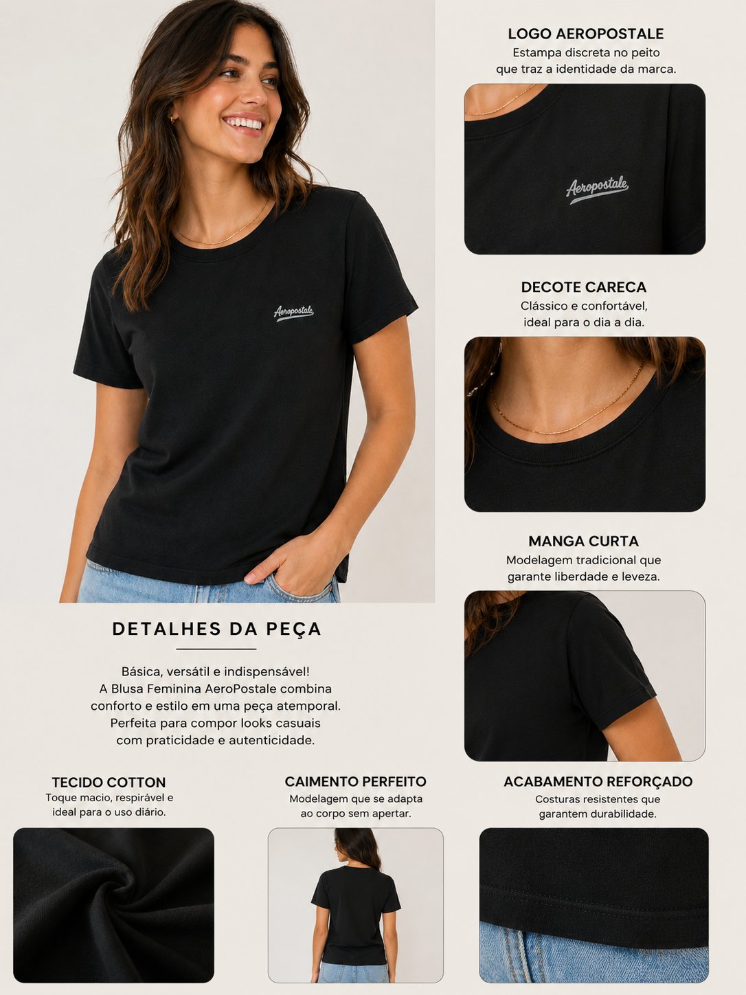 BLUSA FEM MC COTTON AEROPOSTALE PRETO
