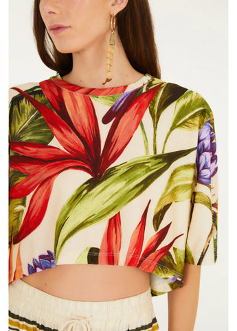 BLUSA TSHIRT CROPPED FLORARTE FARM BEGE