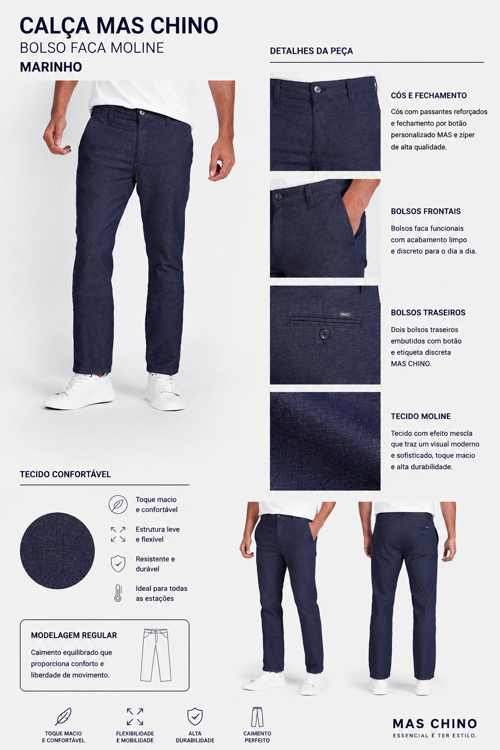 CALCA MAS CHINO BOLSO FACA MOLINE MARINHO