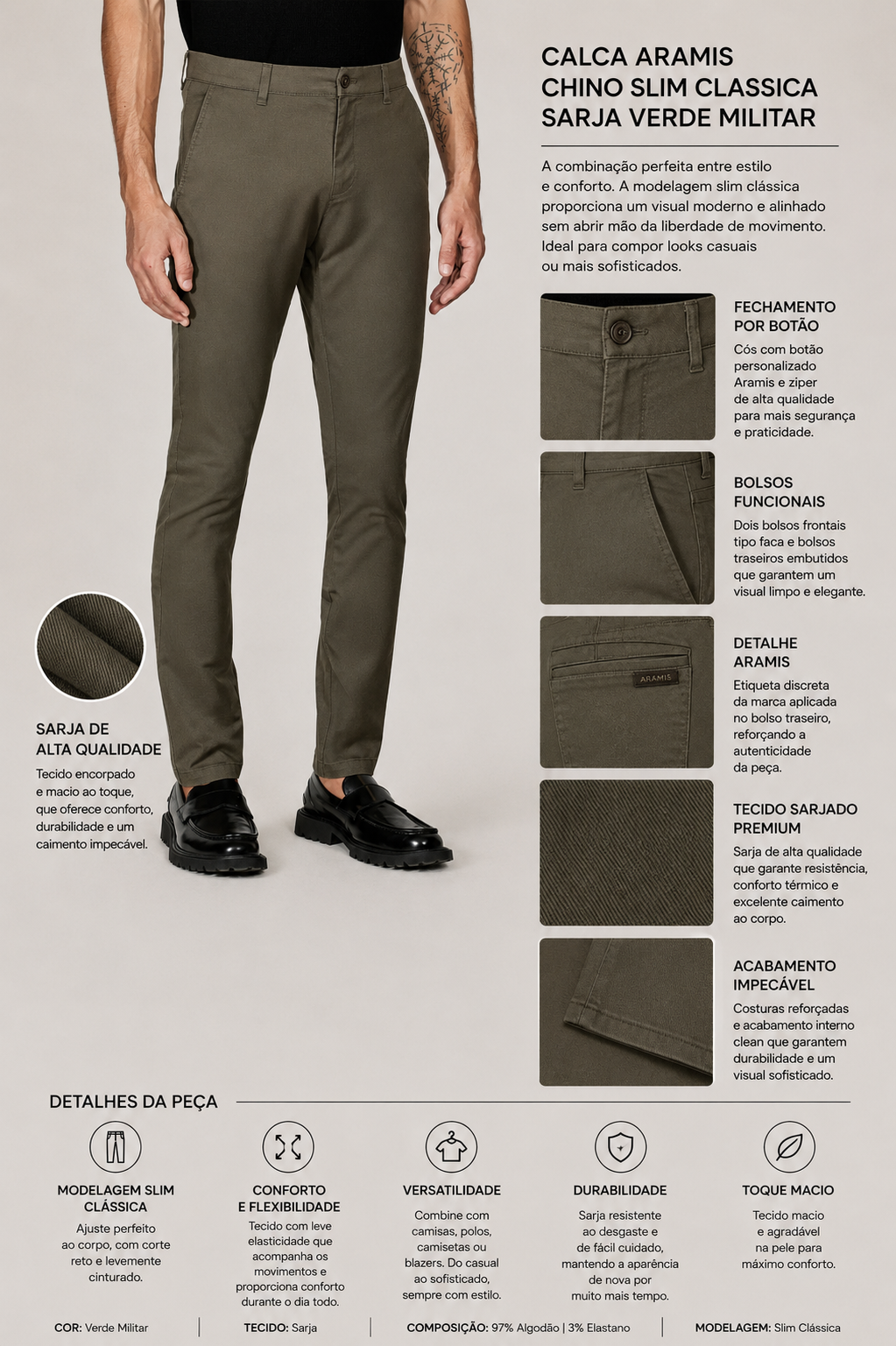 CALCA ARAMIS CHINO SLIM CLASSICA SARJA VERDE MILITAR