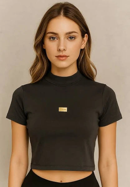 BLUSA FEM CROPPED MC SUEDINE PRETO