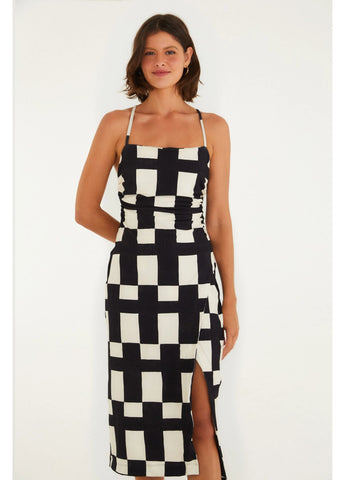 VESTIDO FEM MIDI SONHO GRAFICO FARM PRETO/OFF WHITE