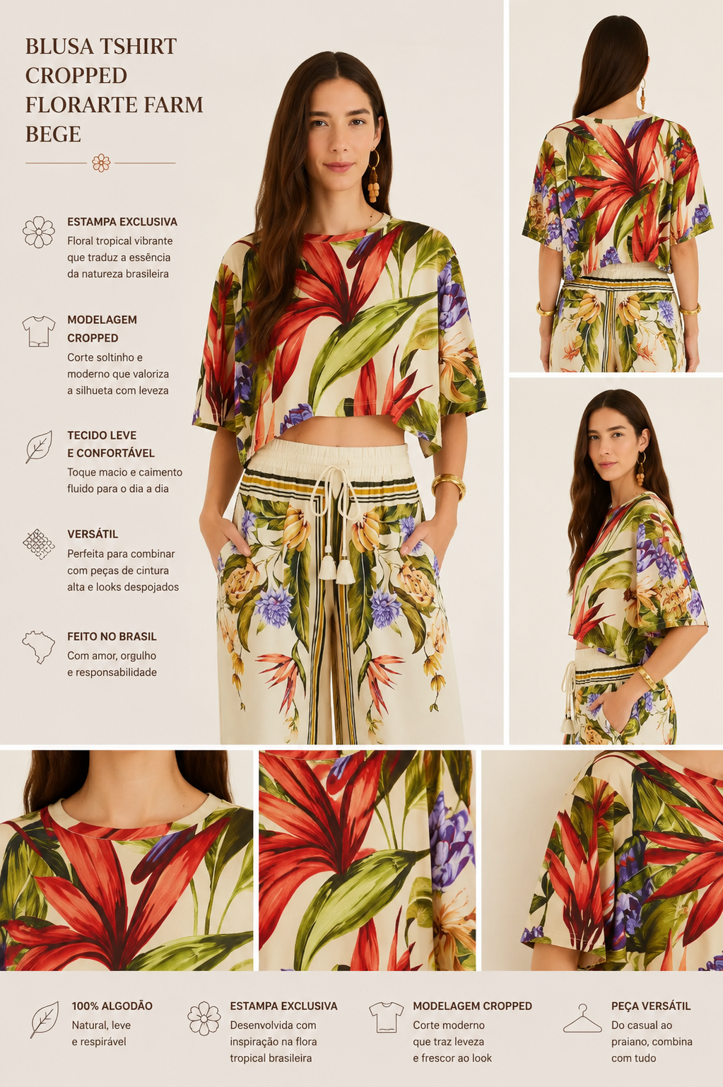 BLUSA TSHIRT CROPPED FLORARTE FARM BEGE
