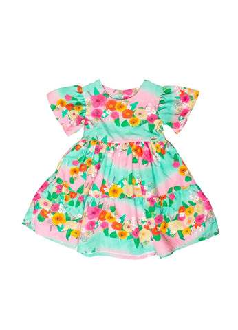 VESTIDO FEM PINCELADA DE FLORES VERDE/ROSA