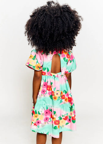 VESTIDO FEM PINCELADA DE FLORES VERDE/ROSA