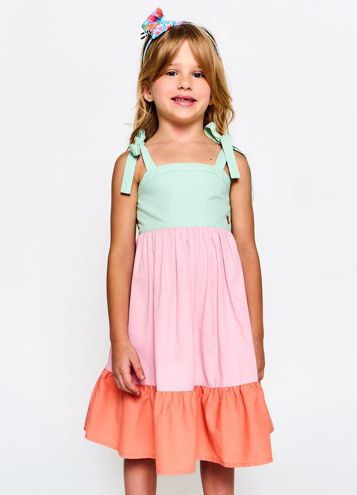 VESTIDO JARDIM DE MARAVILHAS ALPHABETO VERDE/ROSA/LARANJA