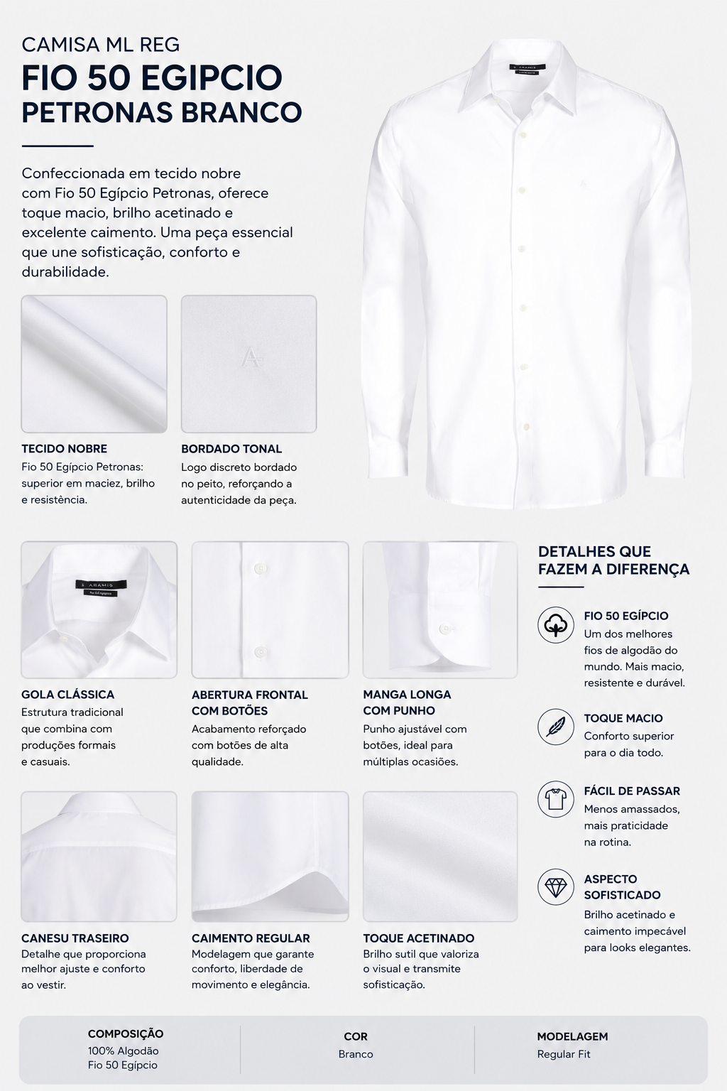 CAMISA ML REG FIO 50 EGIPCIO PETRONAS BRANCO