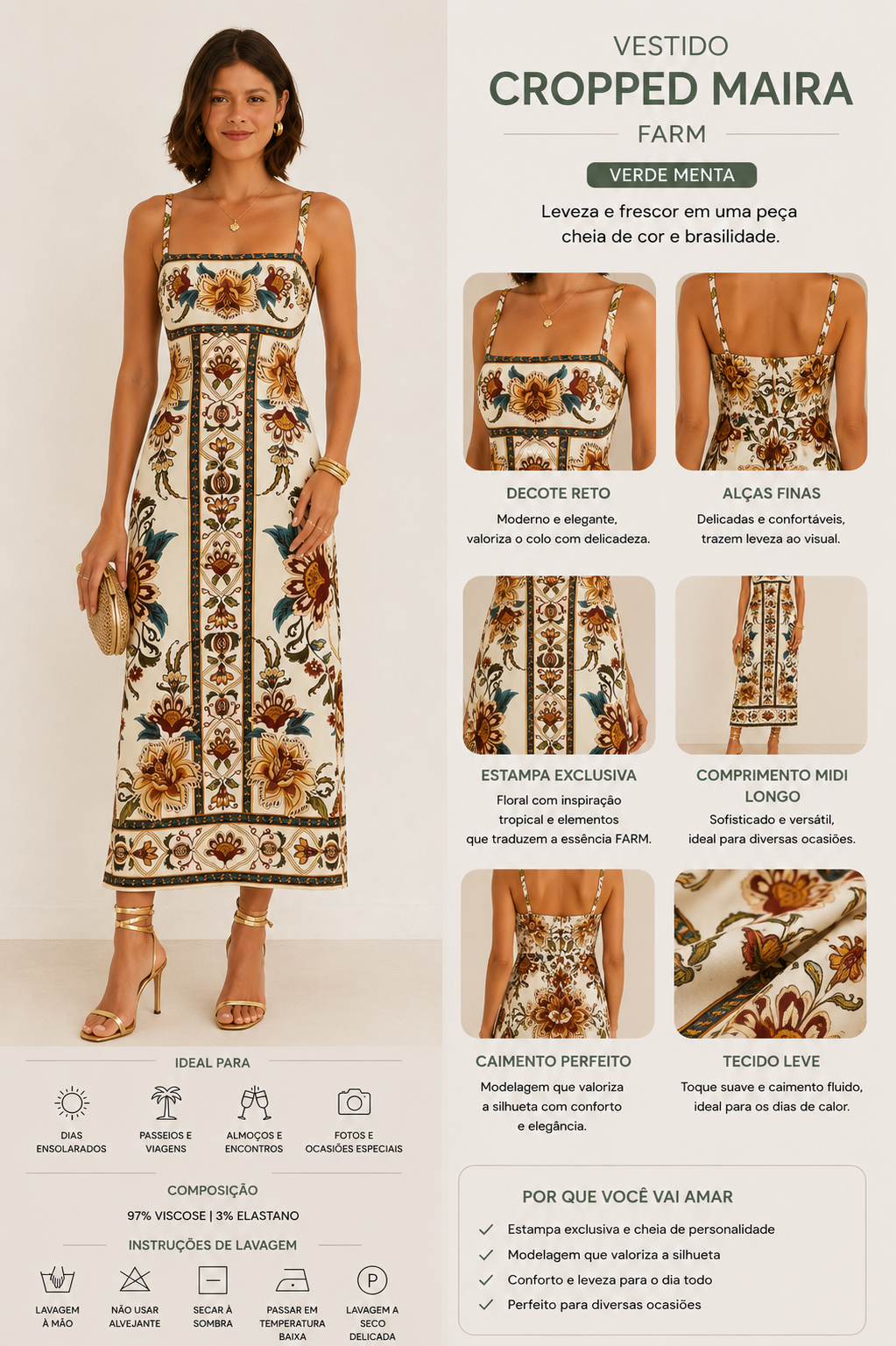 VESTIDO FEM MIDI JARDIM MAJESTOSO FARM BEGE