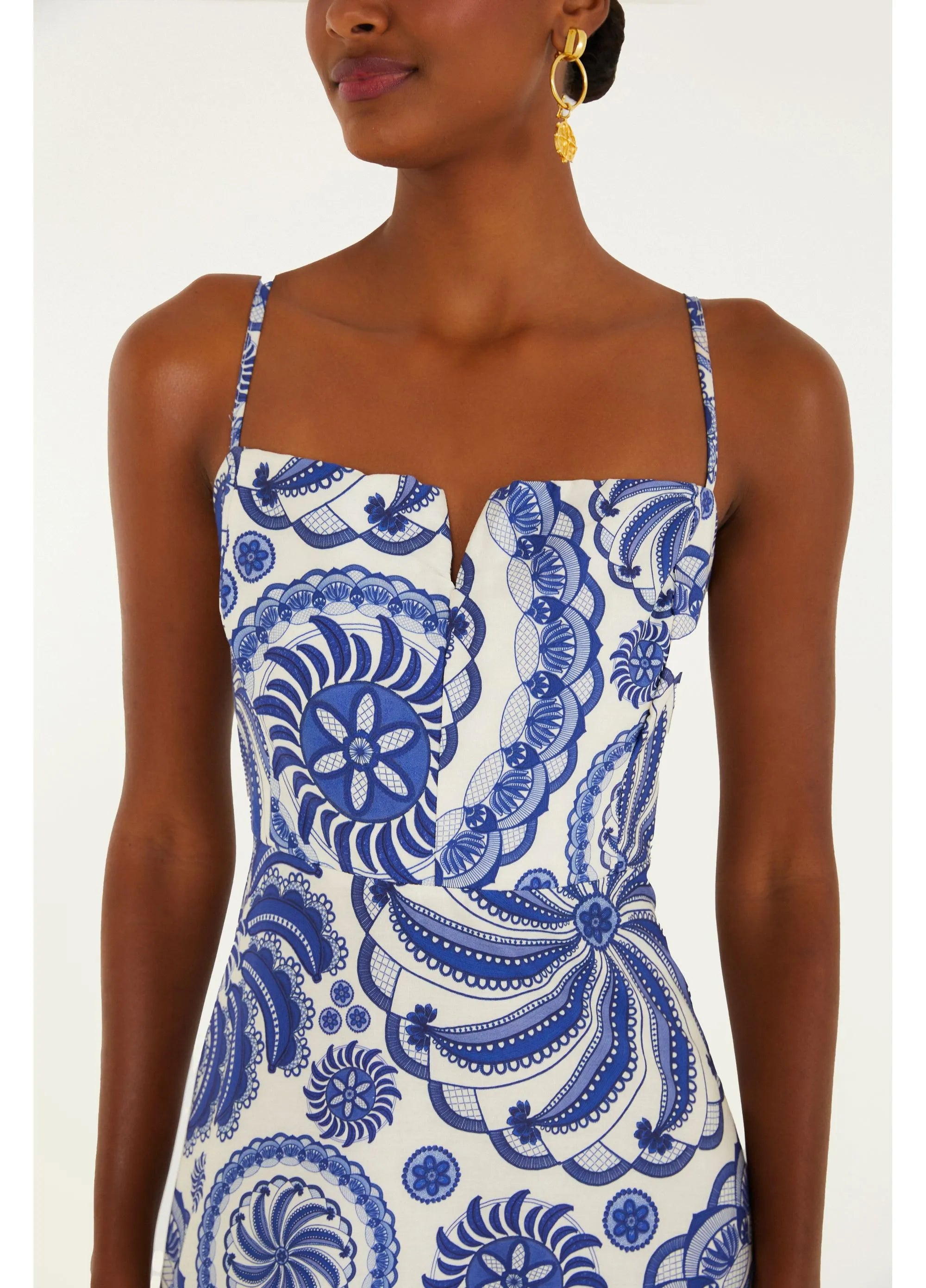 VESTIDO LONGO DELICADEZA DE BANANA FARM AZUL/BRANCO