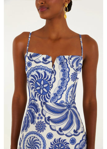 VESTIDO LONGO DELICADEZA DE BANANA FARM AZUL/BRANCO