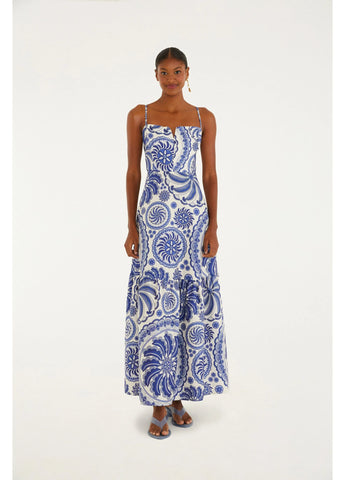 VESTIDO LONGO DELICADEZA DE BANANA FARM AZUL/BRANCO