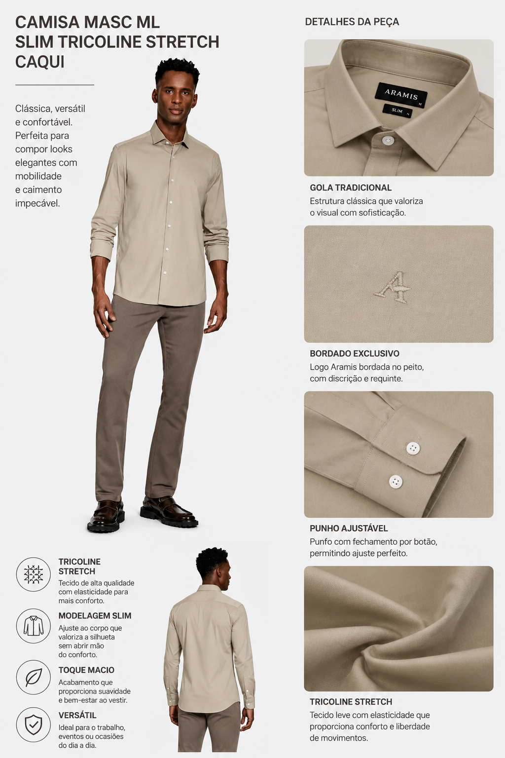 CAMISA MAS ML SLIM TRICOLINE STRETCH CAQUI