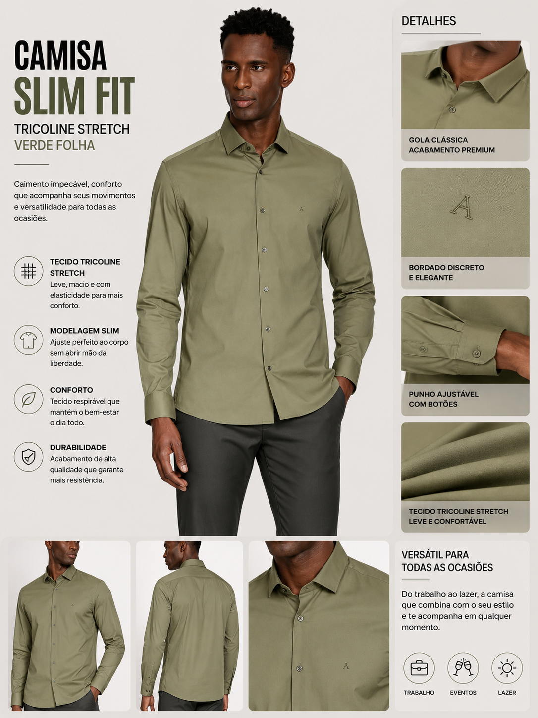 CAMISA MAS ML SLIM TRICOLINE STRETCH VERDE FOLHA