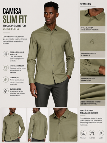 CAMISA MAS ML SLIM TRICOLINE STRETCH VERDE FOLHA