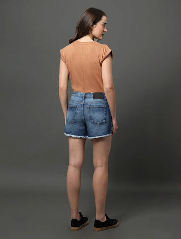 SHORTS CKJ FEM JNS CINT ALTA BARRAS FIO AZUL MEDIO