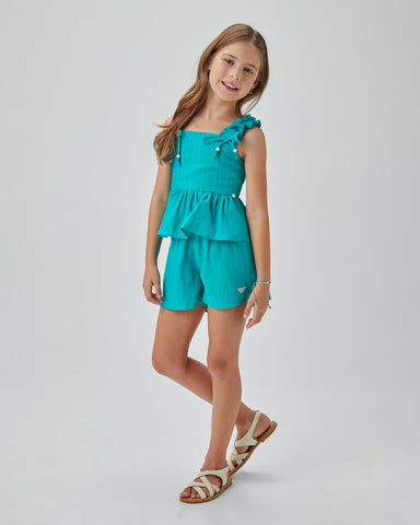 CONJ FEM BATA E SHORT VISC TEXTURIZADA VERDE TURQUESA