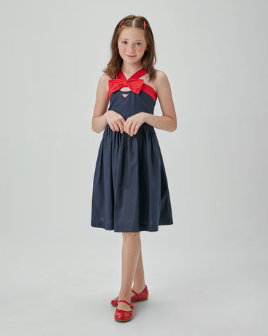 VESTIDO RODADO TRICOLINE BICOLOR E LACO MARINHO