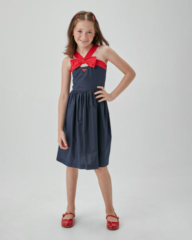 VESTIDO RODADO TRICOLINE BICOLOR E LACO MARINHO