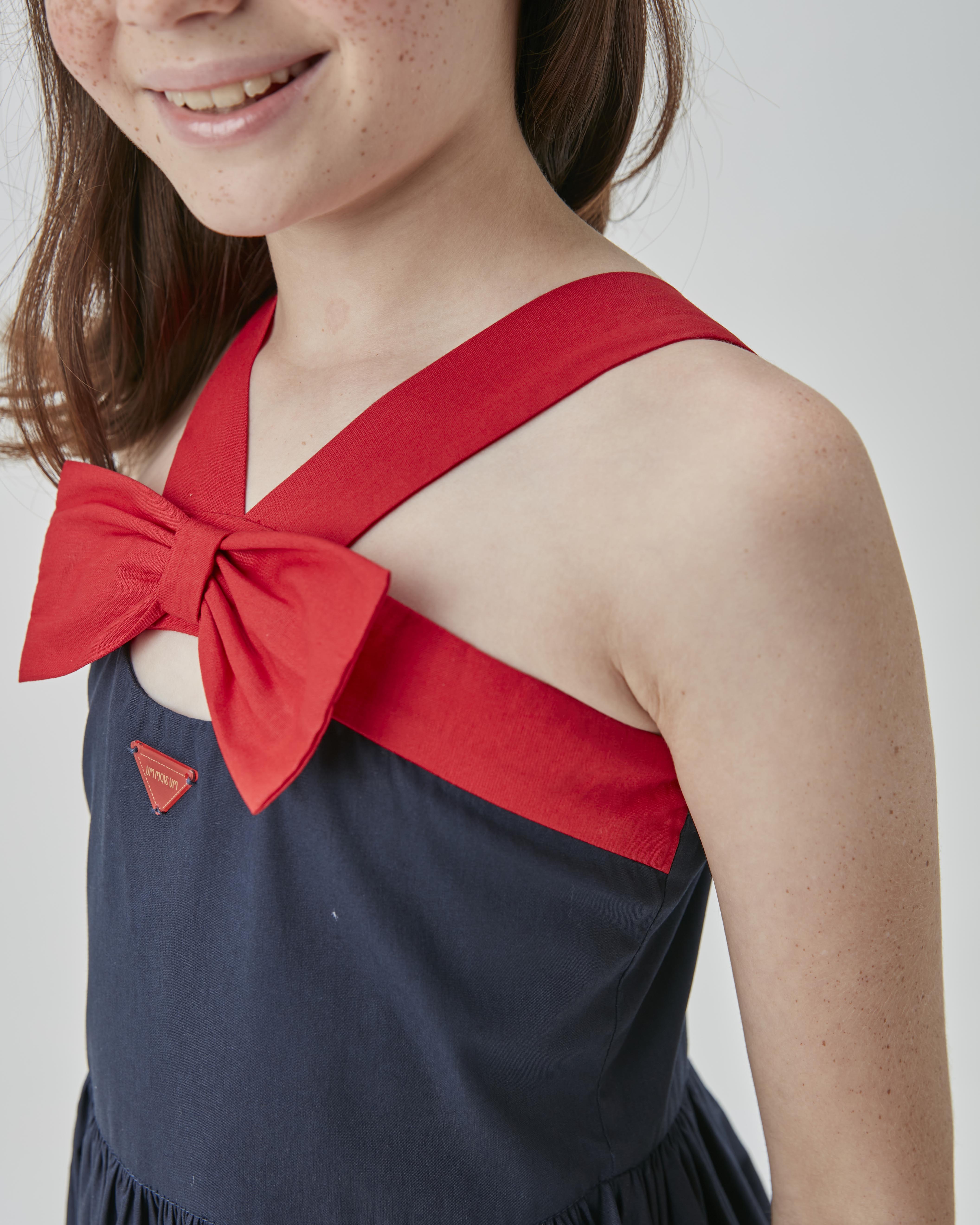 VESTIDO RODADO TRICOLINE BICOLOR E LACO MARINHO