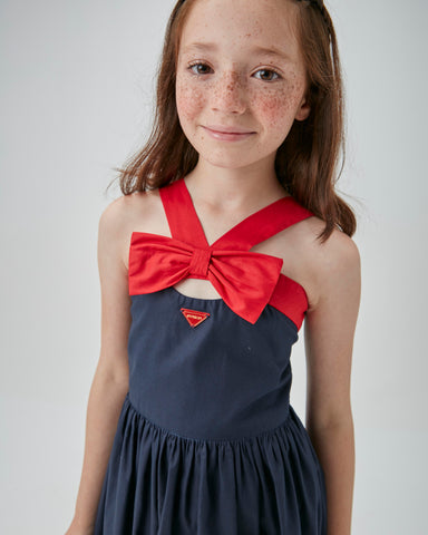 VESTIDO RODADO TRICOLINE BICOLOR E LACO MARINHO