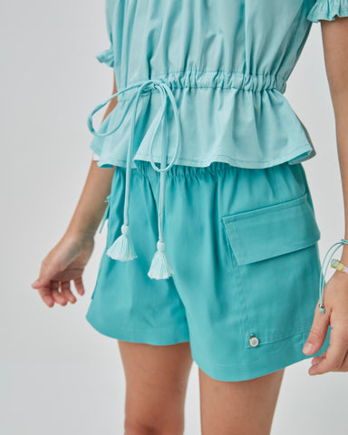 CONJ FEM BATA TRICOL E SHORT BOLSO SARJA VERDE ESMERALDA