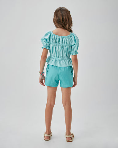 CONJ FEM BATA TRICOL E SHORT BOLSO SARJA VERDE ESMERALDA