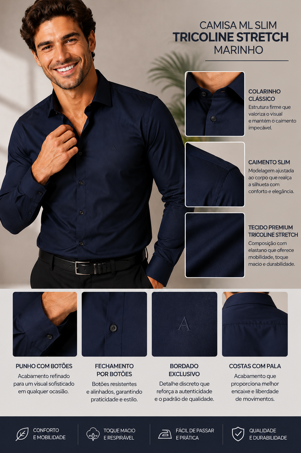 CAMISA MAS ML SLIM TRICOLINE STRETCH MARINHO