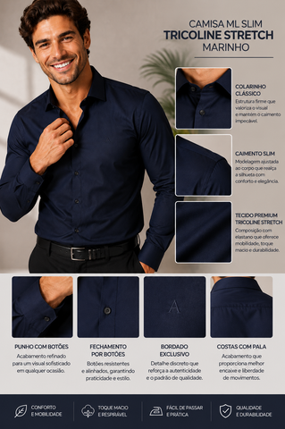 CAMISA MAS ML SLIM TRICOLINE STRETCH MARINHO
