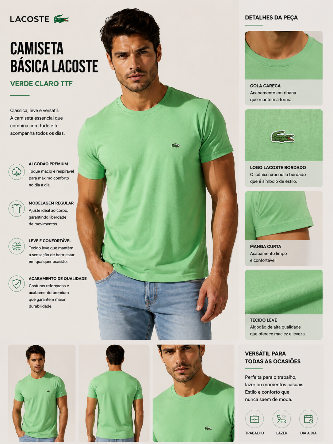 CAMISETA LACOSTE MC MASC BASICA VERDE CLARO TTF