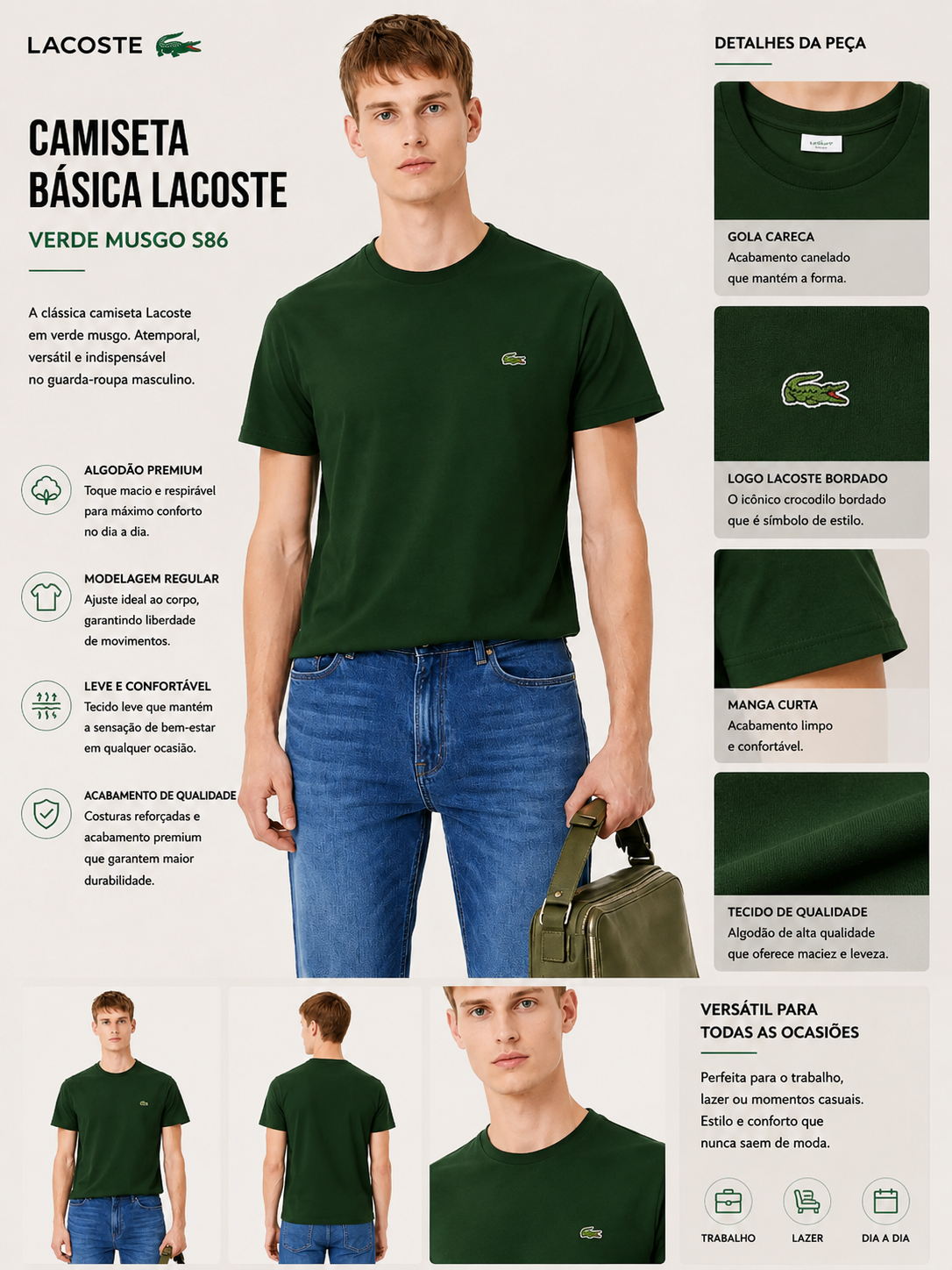 CAMISETA LACOSTE MC MASC BASICA VERDE MUSGO S86