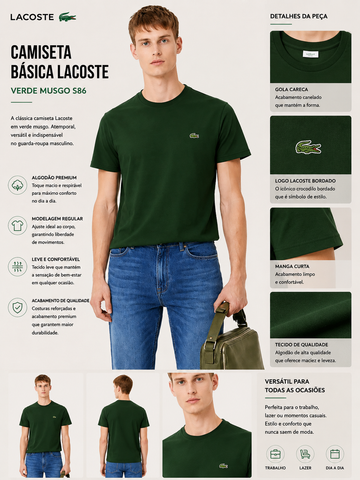 CAMISETA LACOSTE MC MASC BASICA VERDE MUSGO S86
