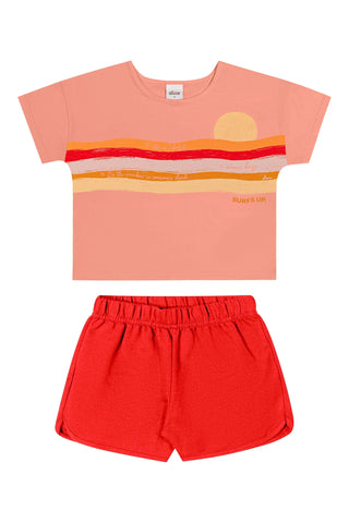 CONJ FEM BL LISTRAS SOL E SHORT MLT PESSEGO