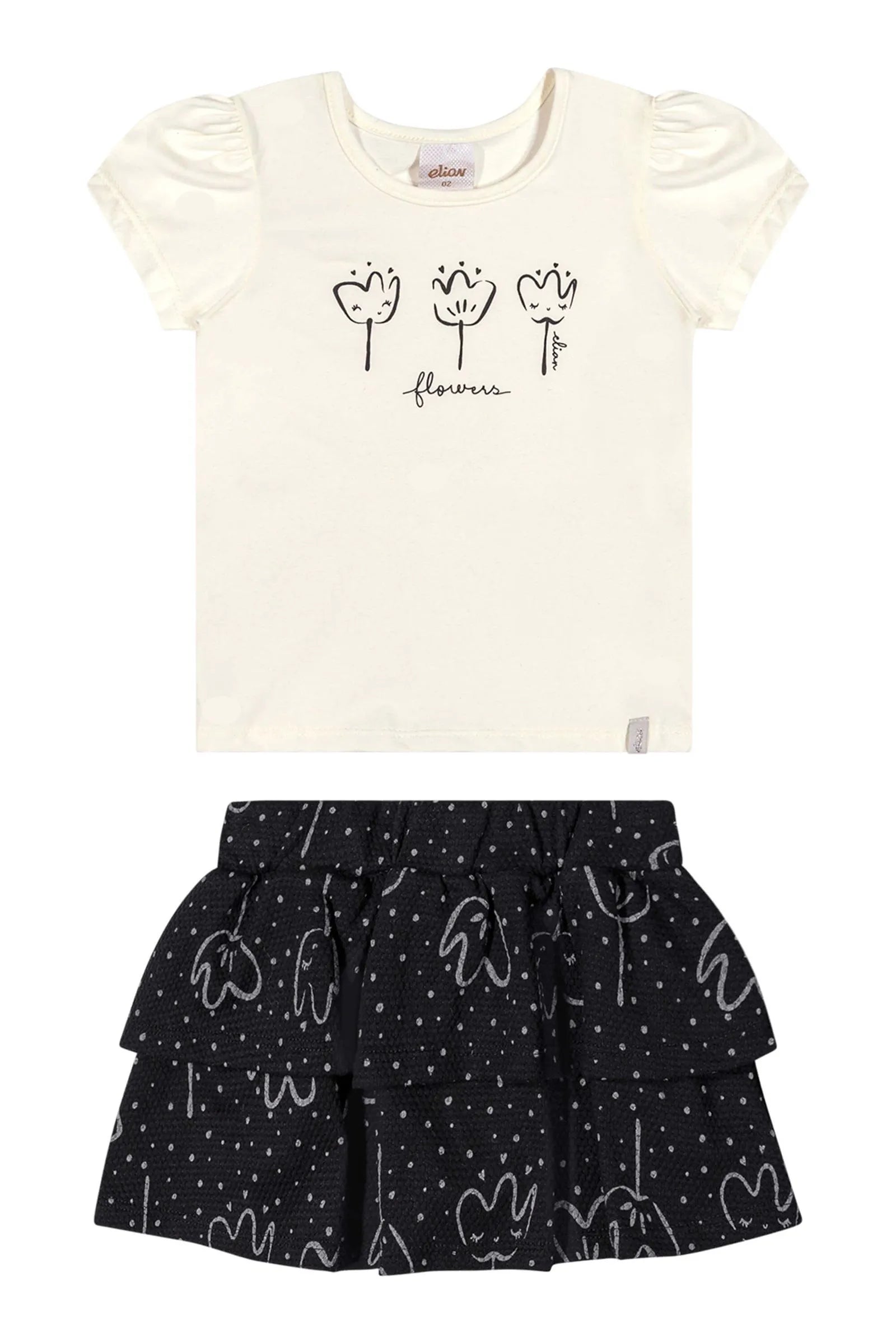 CONJ FEM BL FLOWERS E SAIA BAB TEXT OFF WHITE