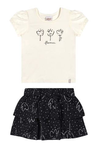 CONJ FEM BL FLOWERS E SAIA BAB TEXT OFF WHITE