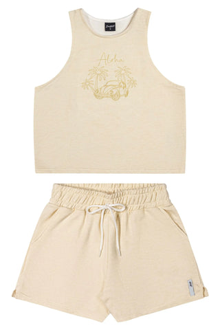 CONJ FEM JUV REG BORD ALOHA E SHORT MLT OFF WHITE