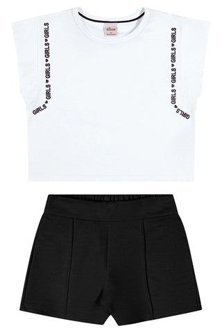 CONJ FEM BL DET GIRLS MANGA E SHORT MLT BRANCO