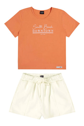 CONJ FEM JUV BL DOWNTOWN E SHORT ESTRUT LARANJA