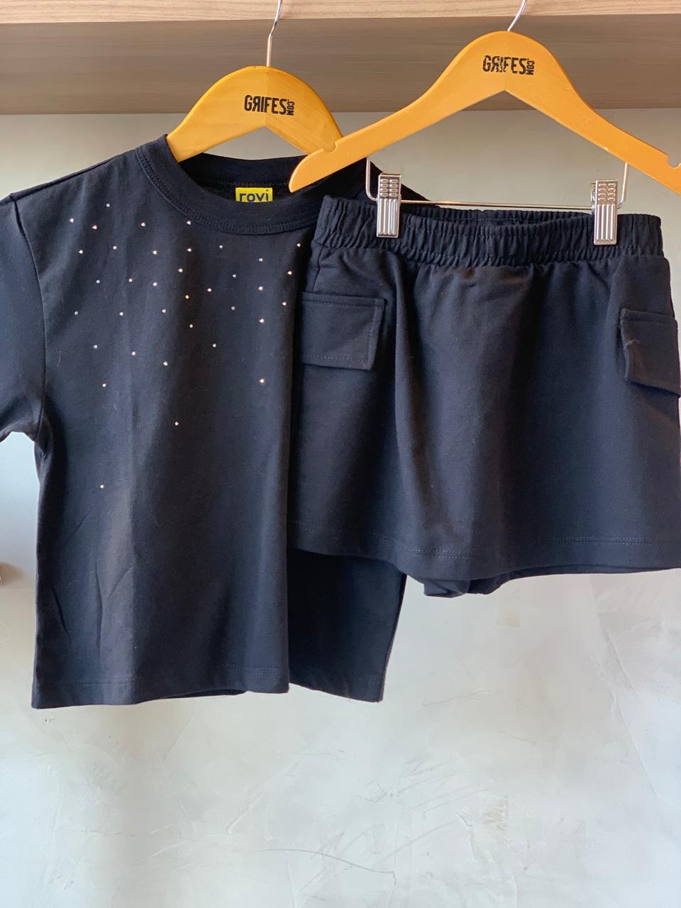 CONJ FEM BL STRASS SHORT SAIA BOLSO MLT PRETO