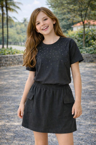 CONJ FEM BL STRASS SHORT SAIA BOLSO MLT PRETO