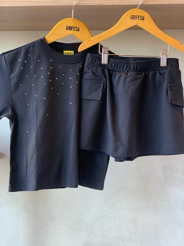 CONJ FEM BL STRASS SHORT SAIA BOLSO MLT PRETO