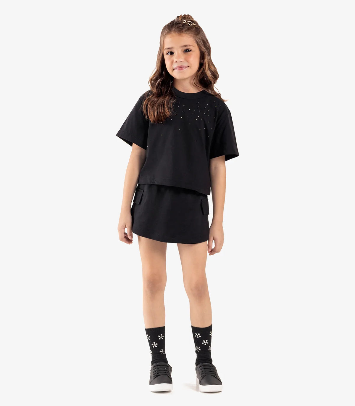 CONJ FEM BL STRASS SHORT SAIA BOLSO MLT PRETO