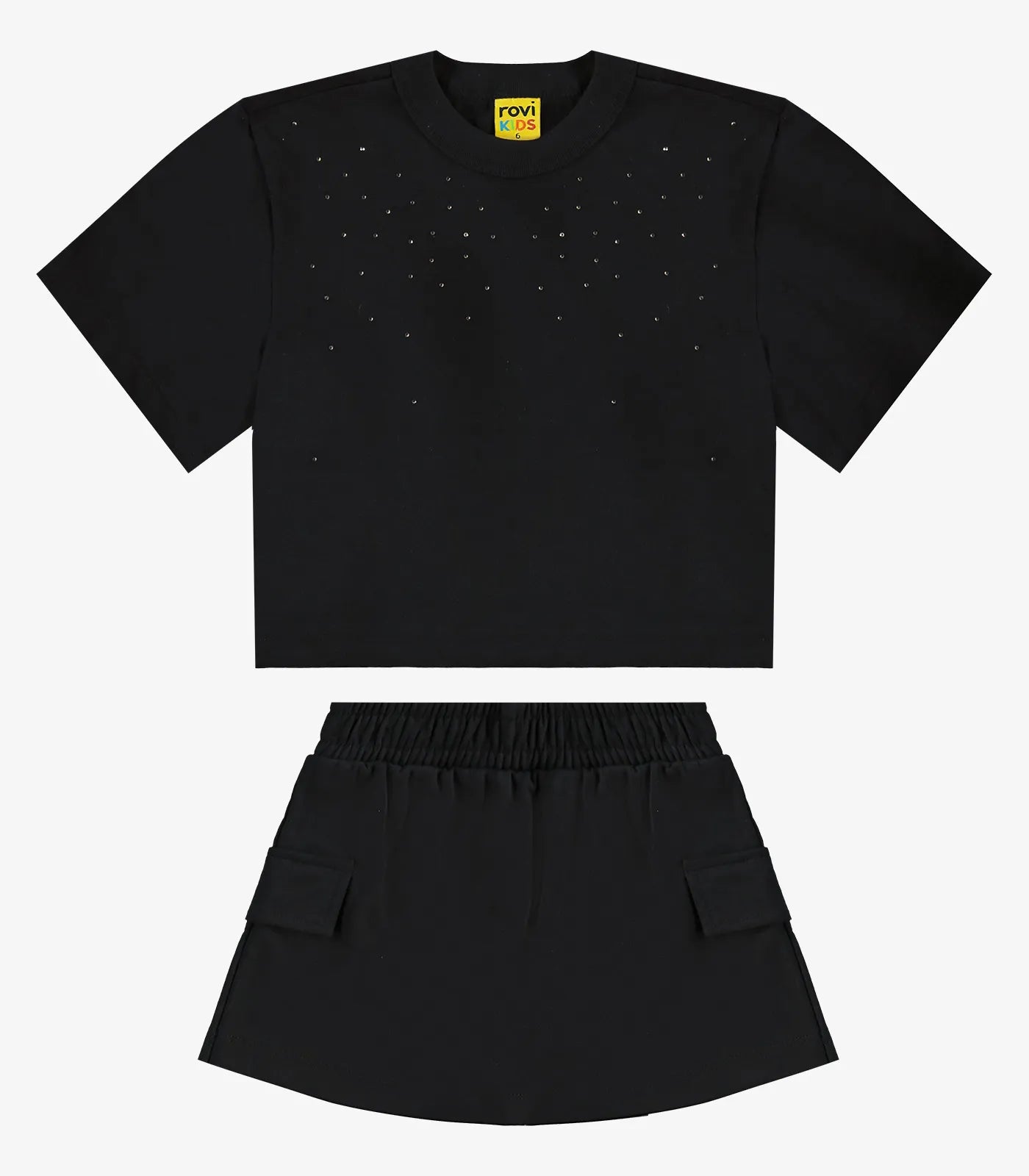 CONJ FEM BL STRASS SHORT SAIA BOLSO MLT PRETO
